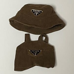 Designer Overalls Bucket Hat 2 Piece Outfit For Labubu Brown